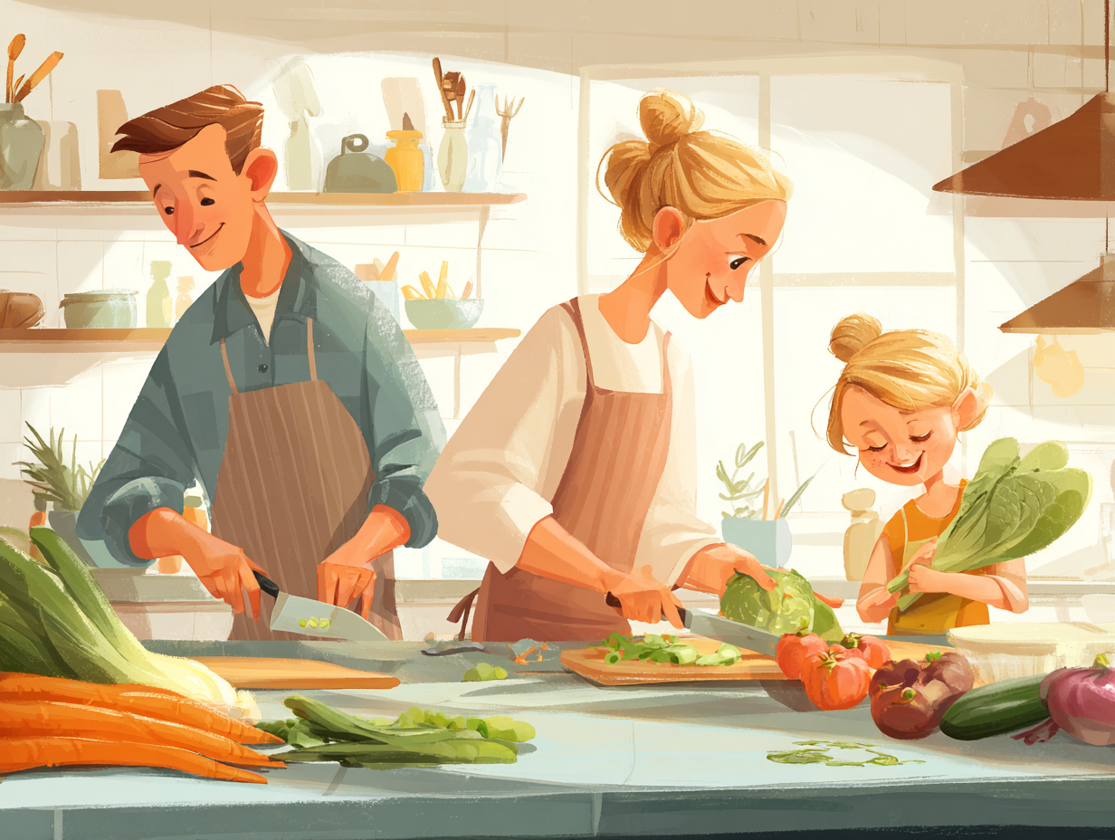 Familie gătind împreună mese sănătoase